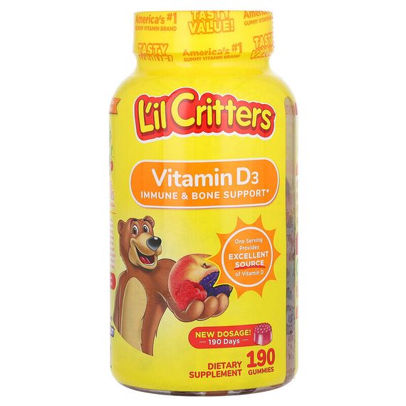 L&#39;il Critters, витамин D3 для поддержки костей, со вкусом натуральных фруктов, 190 жевательных мармеладок