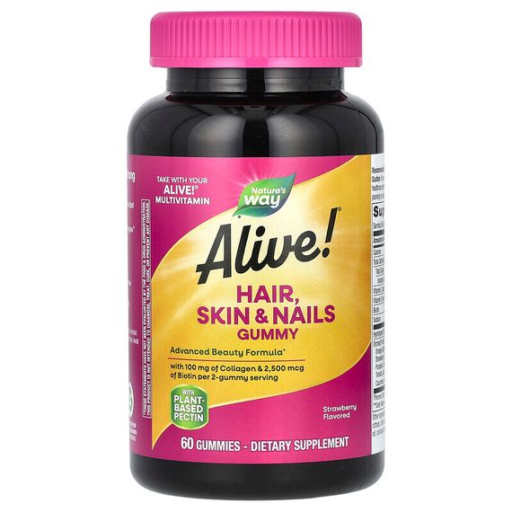 Nature&#39;s Way, Alive! добавка с коллагеном и биотином для волос, кожи и ногтей, со вкусом клубники, 60 жевательных таблеток
