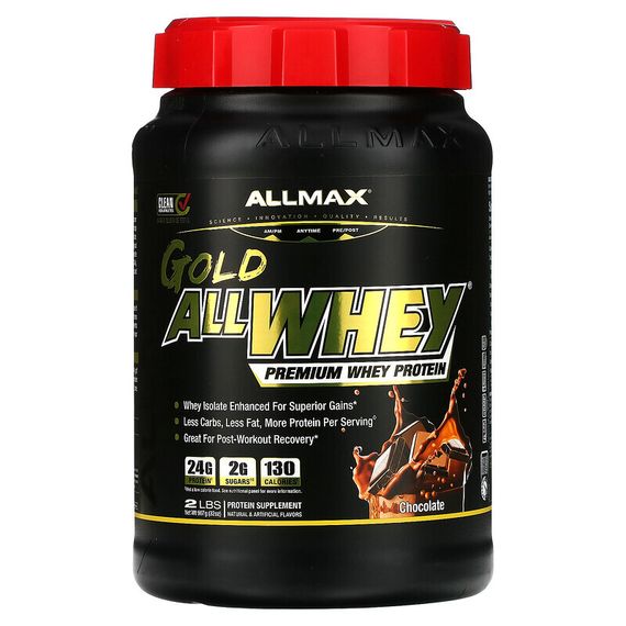 ALLMAX, AllWhey Gold, 100 % сывороточный белок + изолят сывороточного белка премиум-качества, со вкусом шоколада, 907 г (2 фунта)