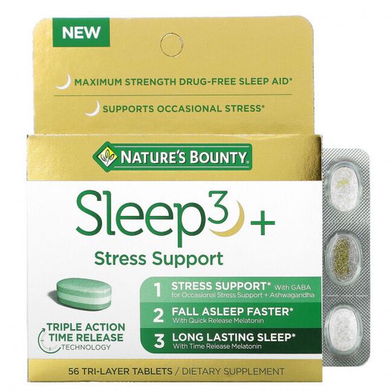 Nature&#39;s Bounty, Sleep3 +, средство для снятия стресса, 56 трехслойных таблеток