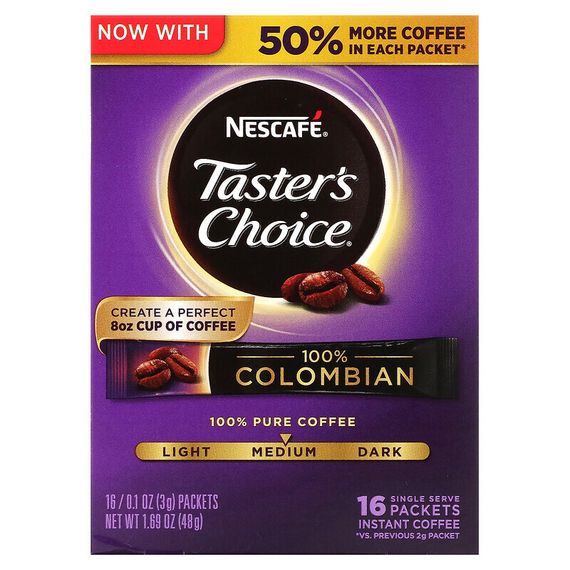 Nescafé, Taster&#39;s Choice, 100% колумбийский растворимый кофе, средней обжарки, 16 пакетиков по 3 г (0,1 унции)