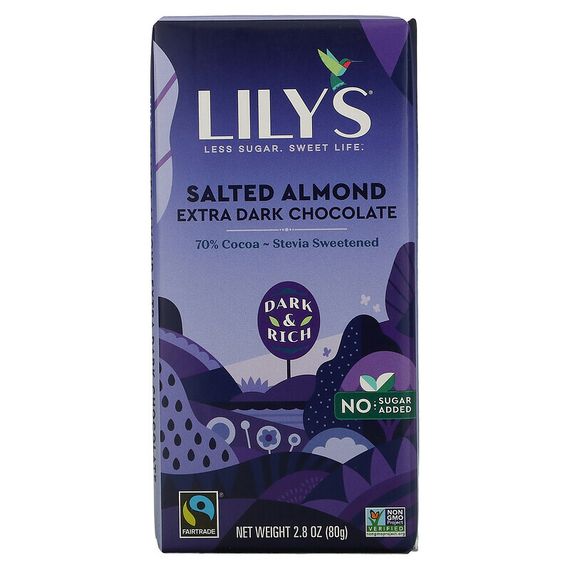 Lily&#39;s Sweets, Плитка экстра темного шоколада, соленый миндаль, 70% какао, 80 г (2,8 унции)