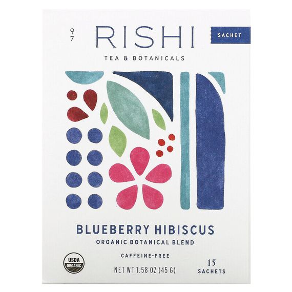 Rishi Tea, Organic Botanical Blend, Blueberry Hibiscus, Caffeine-Free, 15 Sachets, 1.58 oz (45 g)