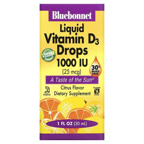 Bluebonnet Nutrition, Жидкий витамин D3, в каплях, натуральный цитрусовый вкус, 1,000 МЕ, 1 жидкая унция (30 мл)