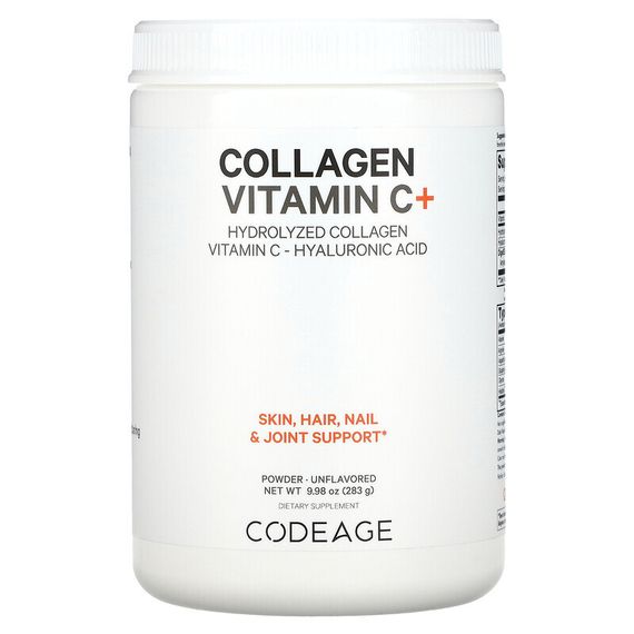Codeage, коллаген с витамином C, в порошке, гидролизованный коллаген, витамин C, гиалуроновая кислота, без вкусовых добавок, 283 г (9,98 унции)