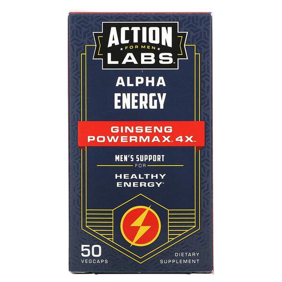 Action Labs, Alpha Energy, Ginseng Powermax 4x, поддержка для мужчин, 50 растительных капсул