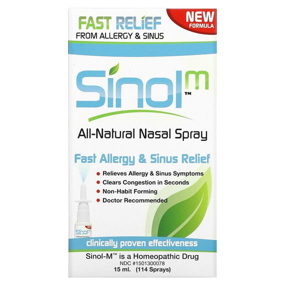 SinolM, полностью натуральный спрей для носа, от аллергии и облегчения состояния носовых пазух, 15 мл