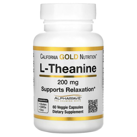California Gold Nutrition, AlphaWave, L-теанин, поддерживает расслабление и спокойную концентрацию, 200 мг, 60 растительных капсул