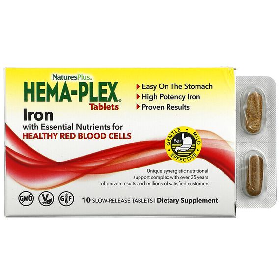 NaturesPlus, Hema-Plex, железо с незаменимыми питательными веществами для здоровых эритроцитов, 10 таблеток с замедленным высвобождением