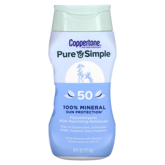 Coppertone, Pure &amp; Simple, 100% минеральная защита от солнца, SPF 50, 177 мл (6 жидк. Унций)