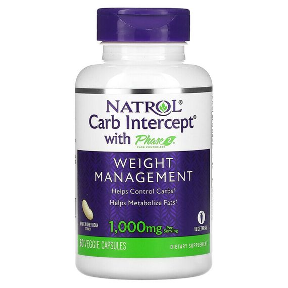 Natrol, Carb Intercept с Phase 2 Carb Controller, добавка для снижения веса, 500 мг, 60 вегетарианских капсул