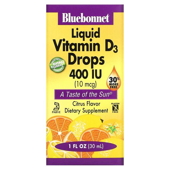 Bluebonnet Nutrition, Жидкий витамин D3 в каплях, натуральный аромат цитрусовых, 400 МЕ, 1 жидк. унц. (30 мл)