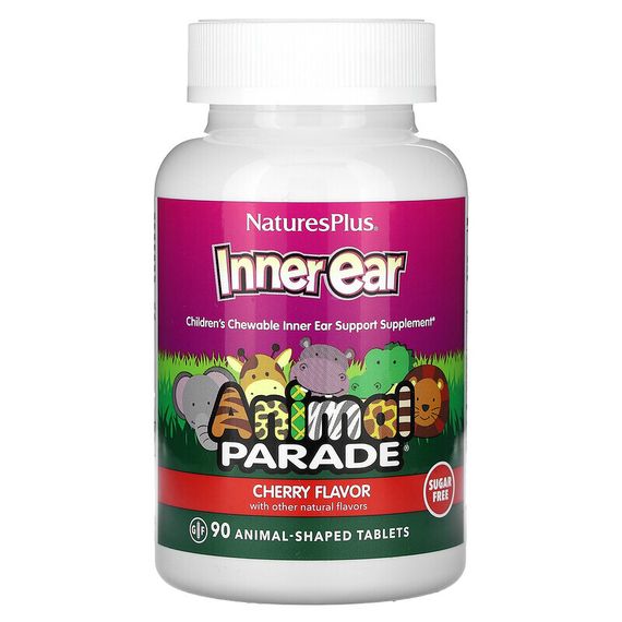 NaturesPlus, Source of Life, Animal Parade, детские жевательные таблетки для поддержания здоровья внутреннего уха, со вкусом натуральной вишни, 90 таблеток в форме животных