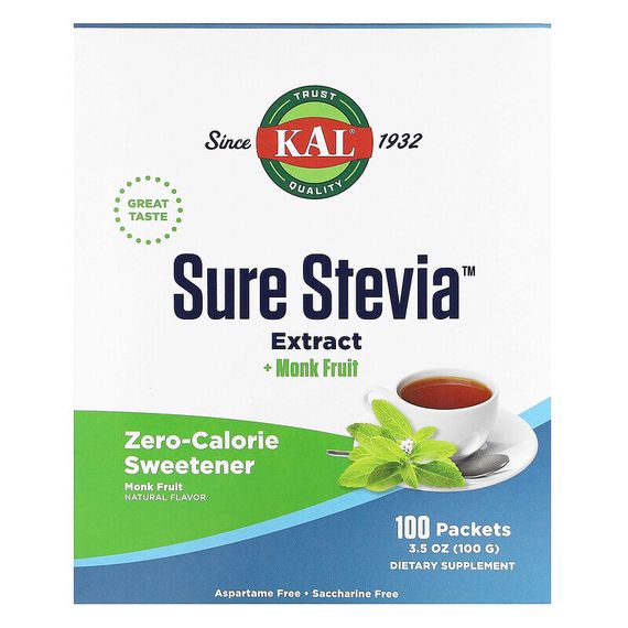 KAL, Sure Stevia, Plus Monk Fruit, 100 Packets, 3.5 oz (100 g)