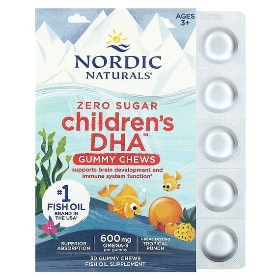 Nordic Naturals, Детские жевательные мармеладки с ДГК, для детей 2–6 лет, тропический пунш, 600 мг, 30 жевательных таблеток