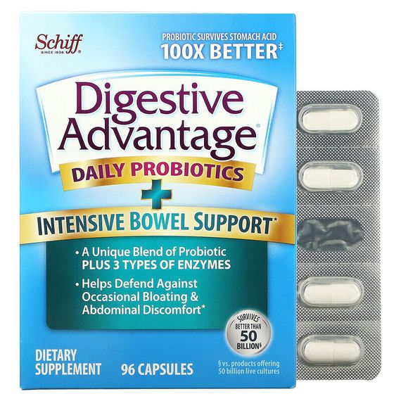 Schiff, Digestive Advantage, пробиотик для ежедневного применения, интенсивная поддержка функции кишечника, 96 капсул
