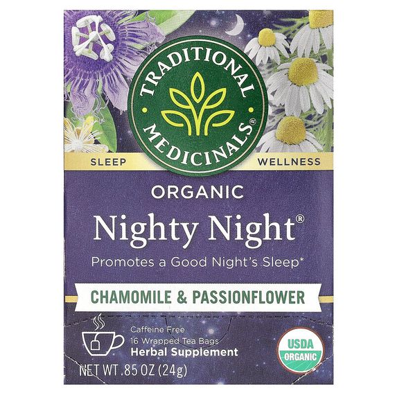 Traditional Medicinals, Organic Nighty Night, оригинальный с пассифлорой, без кофеина, 16 чайных пакетиков в упаковке, 24 г (0,85 унции)