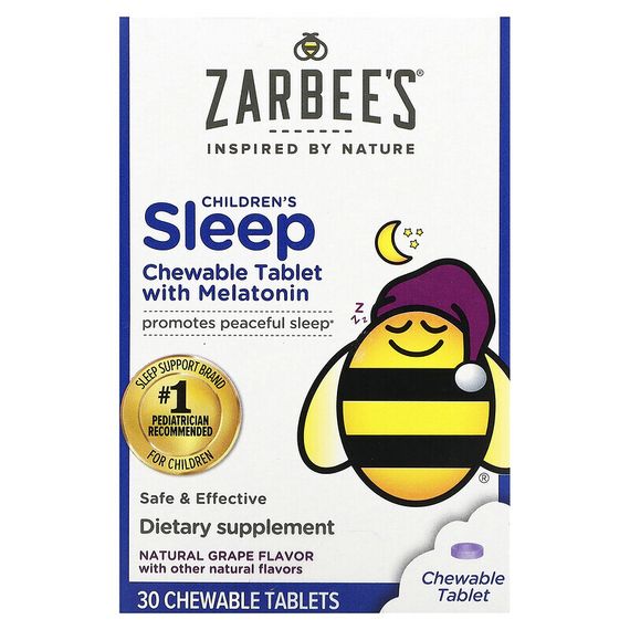 Zarbee&#39;s, добавка с мелатонином для спокойного сна детей, вкус натурального винограда, для детей от 3 лет, 30 жевательных таблеток