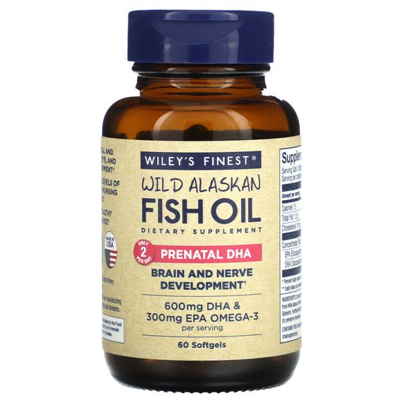 Wiley&#39;s Finest, Аляскинский рыбий жир, пренатальная ДГК, 600 мг, 60 рыбных  мягких капсул