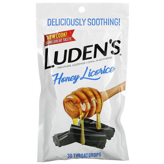 Luden&#39;s, Леденцы с ментолом / анестетик для полости рта, медовая солодка, 30 капель для горла