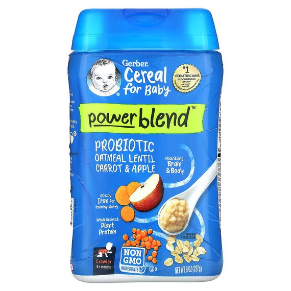 Gerber, Powerblend Cereal for Baby, овсянка с пробиотиками, чечевица, морковь и яблоки, от 8 месяцев, 227 г (8 унций)