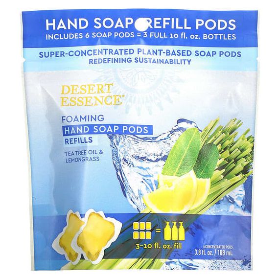 Desert Essence, Foaming Hand Soap Pods, Refills, Tea Tree Oil &amp; Lemongrass, 6 Concentrated Pods, 3.8 fl oz (108 ml)