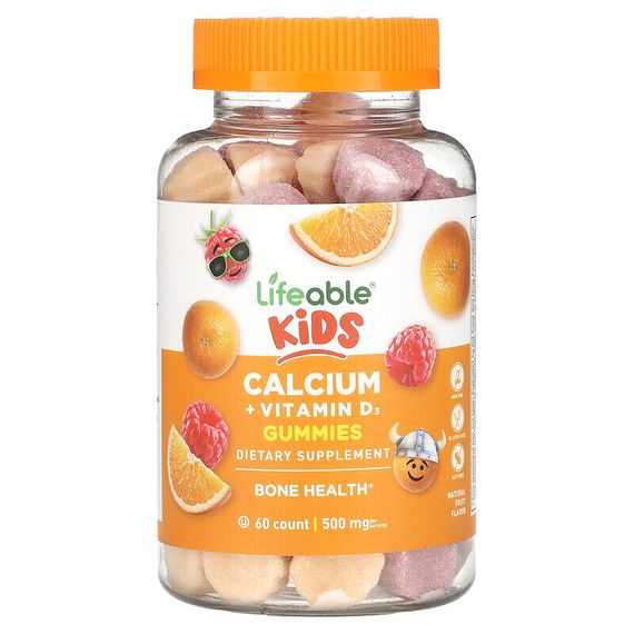 Lifeable, Кальций и витамин D3 для детей, фрукты, 250 мг, 60 жевательных таблеток