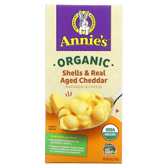 Annie&#39;s Homegrown, Органические макароны и сыр, скорлупа и выдержанный чеддер, 170 г (6 унций)