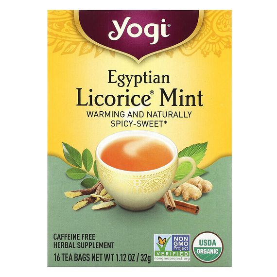 Yogi Tea, египетская солодка и мята, без кофеина, 16 чайных пакетиков, 32 г (1,12 унций)
