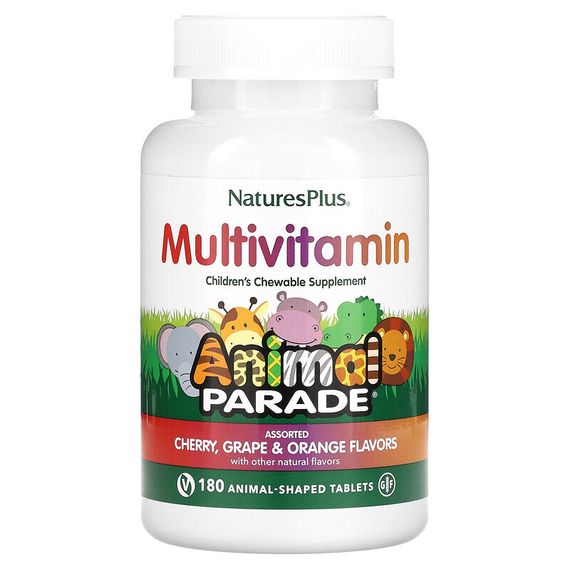 NaturesPlus, Animal Parade, мультивитаминная добавка для детей, вишня, виноград и апельсин, 180 таблеток в форме животных