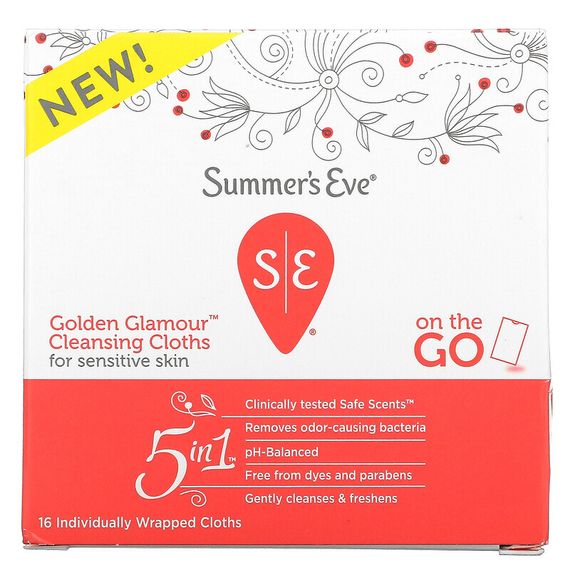 Summer&#39;s Eve, Очищающие салфетки 5 в 1 Golden Glamour, для использования в дороге, 16 салфеток в индивидуальной упаковке