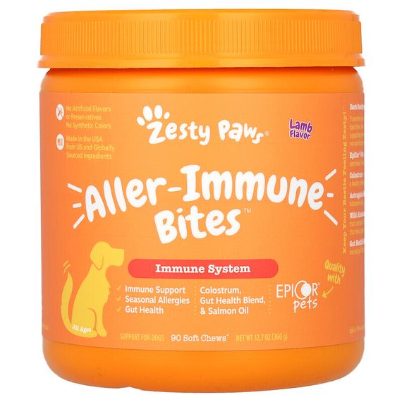 Zesty Paws, Aller-Immune Bites, добавка для собак всех возрастов, со вкусом ягненка, 90 жевательных таблеток, 360 г (12,7 унции)
