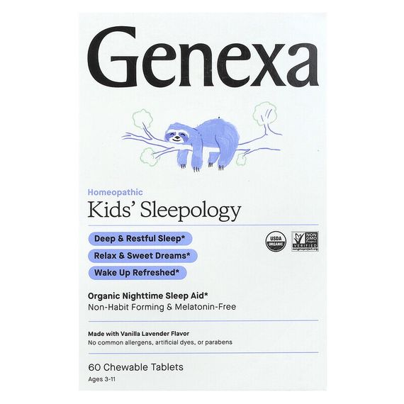 Genexa LLC, Kid&#39;s Sleepology, органическая добавка для нормализации ночного сна, вкус ванили и лаванды, для детей от 3 лет, 60 жевательных таблеток