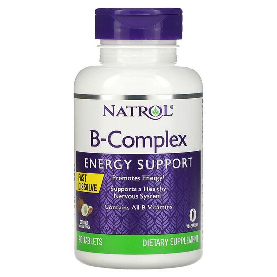 Natrol, Комплекс витаминов группы B, быстрорастворимые, натуральный кокосовый вкус, 90 таблеток