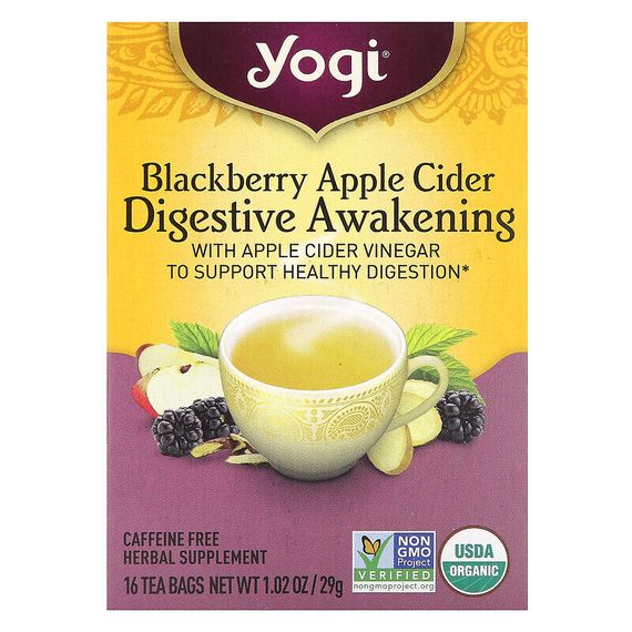 Yogi Tea, Пробуждение пищеварения, чай без кофеина с ежевикой и яблочным сидром, 16 чайных пакетиков, 29 г (1,02 унции)