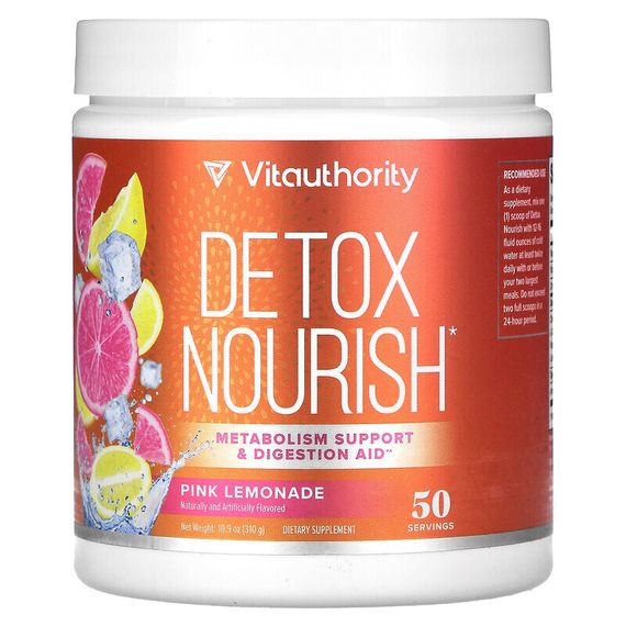 Vitauthority, Detox Nourish, средство для снижения веса и поддержки пищеварения, натуральный розовый лимонад, 310 г (10,9 унции)