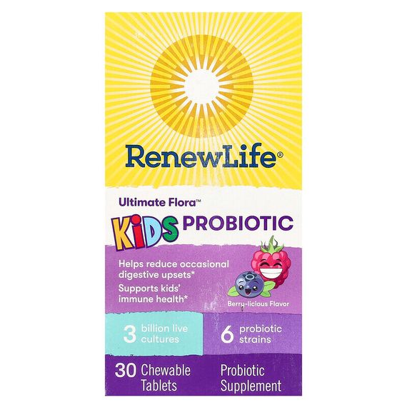 Renew Life, Ultimate Flora, пробиотик для детей, ягодный вкус, 3 млрд живых культур, 30 жевательных таблеток