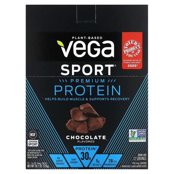 Vega, Sport, растительный протеин премиального качества, шоколадный вкус, 12 пакетиков, 44 г (1,6 унции) каждый