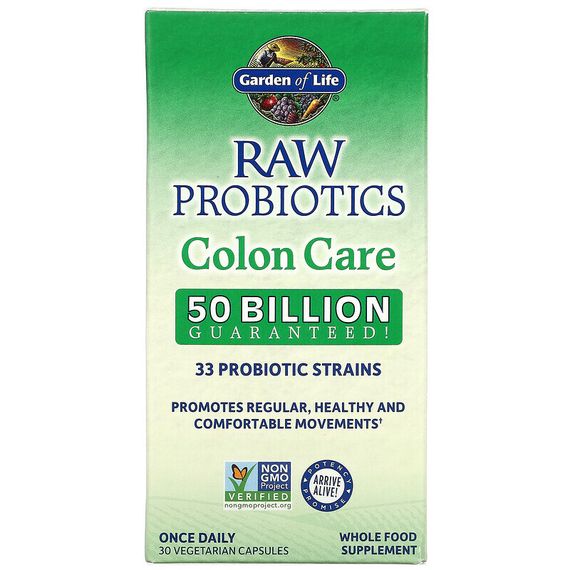 Garden of Life, RAW Probiotics, Colon Care, необработанные пробиотики для поддержки здоровья кишечника, 30 вегетарианских капсул