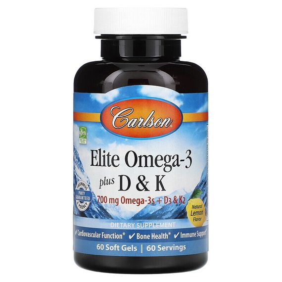 Carlson, Elite Omega-3 с витаминами D и K, натуральный вкус лимона, 60 мягких таблеток