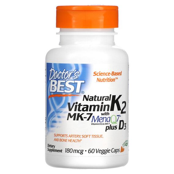 Doctor&#39;s Best, натуральный витамин K2 MK-7 с MenaQ7 и витамином D3, 180 мкг, 60 вегетарианских капсул