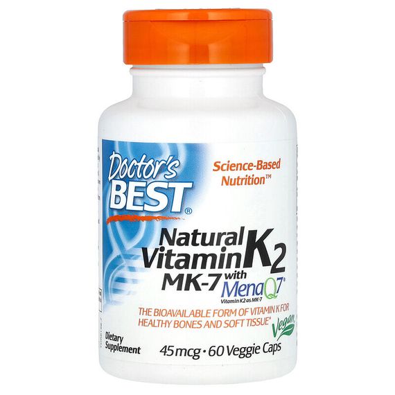 Doctor&#39;s Best, натуральный витамин K2 MK-7 с MenaQ7, 45 мкг, 60 вегетарианских капсул