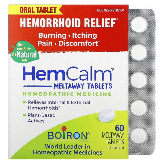 Boiron, HemCalm, средство от геморроя, без добавок, 60 быстрорастворимых таблеток