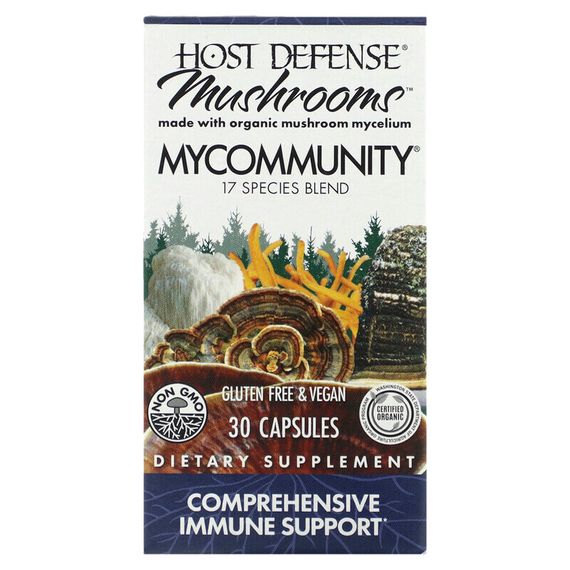 Fungi Perfecti Host Defense, Mushrooms, MyCommunity, комплексная поддержка иммунитета, 30 вегетарианских капсул