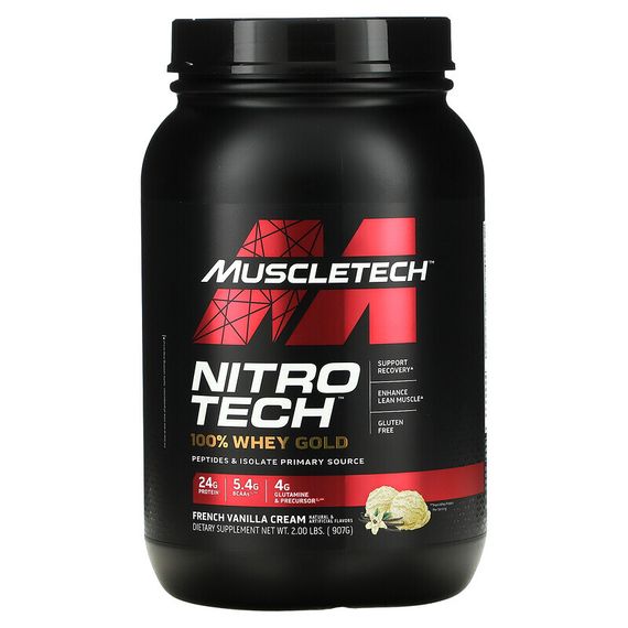 MuscleTech, Nitro Tech, 100% Whey Gold (100% сыворотка), французский ванильный крем, 907 г (2 фунта)