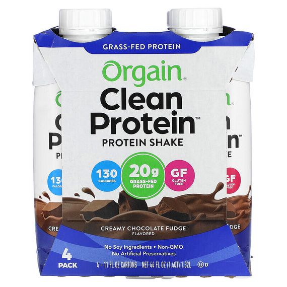 Orgain, Clean Protein Shake, сливочная шоколадная помадка, 4 пакетика, по 330 мл (11 жидк. Унций)