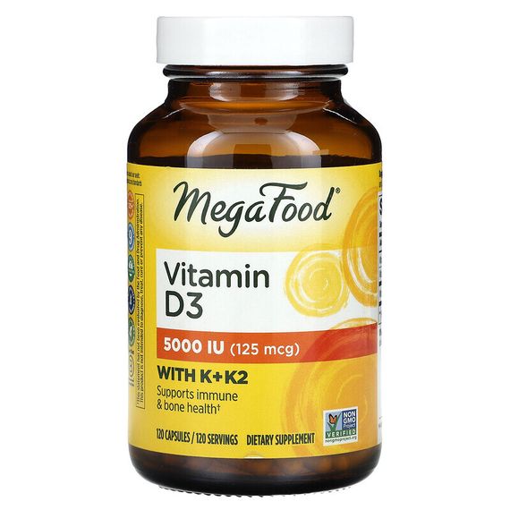 MegaFood, витамин D3 с витаминами K и K2, 5000 МЕ (125 мкг), 120 капсул