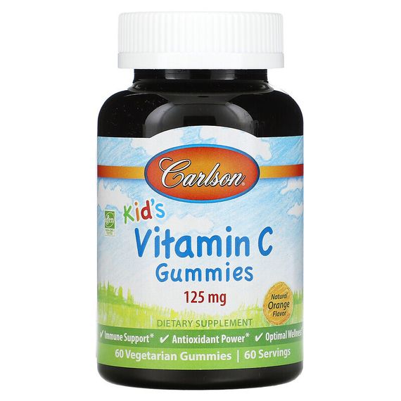 Carlson, Kid&#39;s, жевательные конфеты с витамином С, с натуральным апельсиновым вкусом, 125 мг, 60 вегетарианских жевательных конфет
