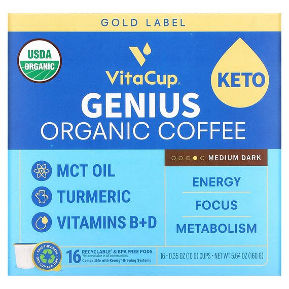 VitaCup, Organic, кофе Genius, средней темноты, 16 чашек по 10 г (0,35 унции)