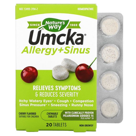 Nature&#39;s Way, Umcka, Allergy + Sinus, вишня, 20 таблеток